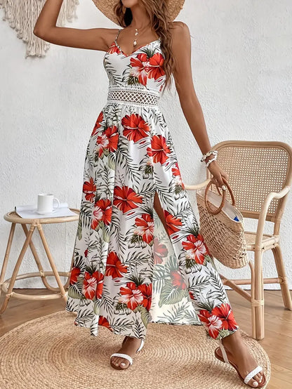 Damen Blumiges ärmelloses Split Maxikleid