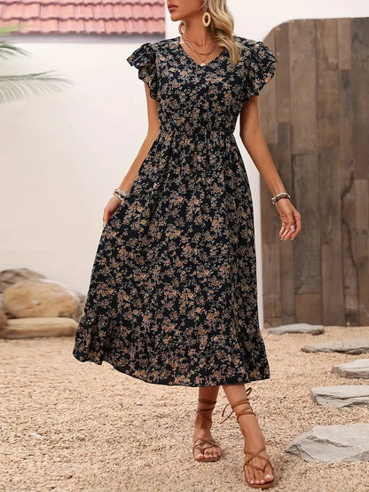 – florales kleid mit v-ausschnitt und eleganten rüschenärmeln