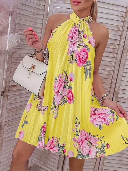 – ärmelloses faltenkleid mit blumendruck