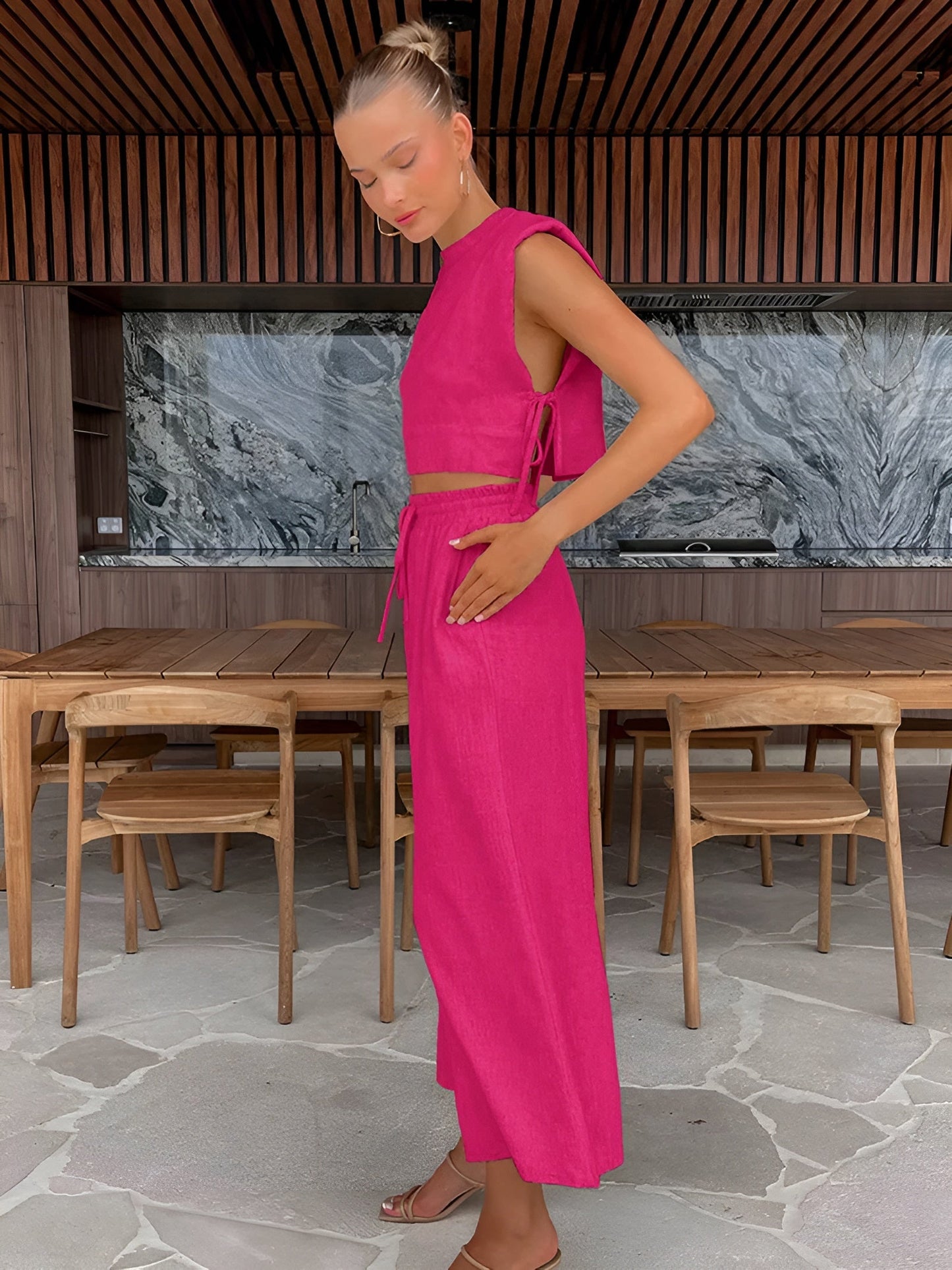 Merche | Elegantes Zwei Teiliges Set Aus Sommerlichem Leinen Für Damen (kurzes Oberteil + Hose)