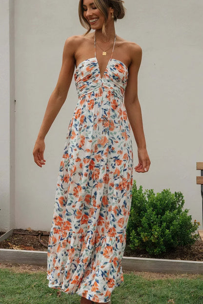 Langes ärmelloses Patchwork-Kleid mit V-Ausschnitt und breitem Saum