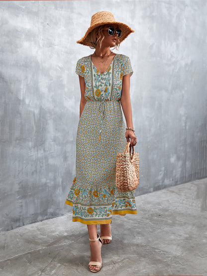 Gewebtes V-Ausschnitt langes Bohemian-Kleid