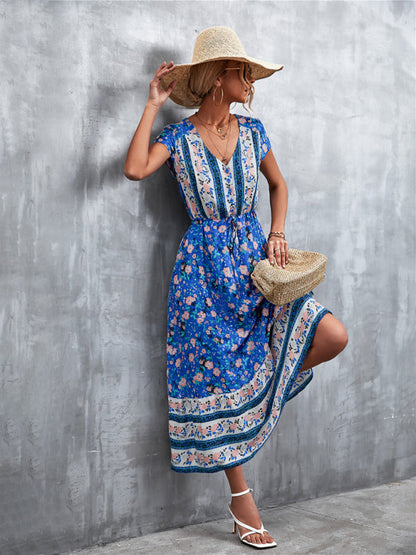 Gewebtes V-Ausschnitt langes Bohemian-Kleid
