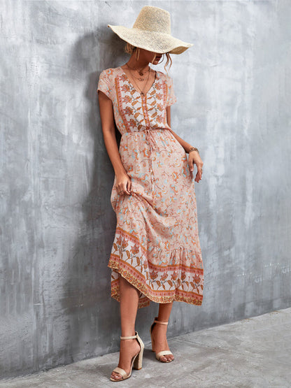 Gewebtes V-Ausschnitt langes Bohemian-Kleid