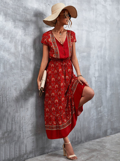 Gewebtes V-Ausschnitt langes Bohemian-Kleid