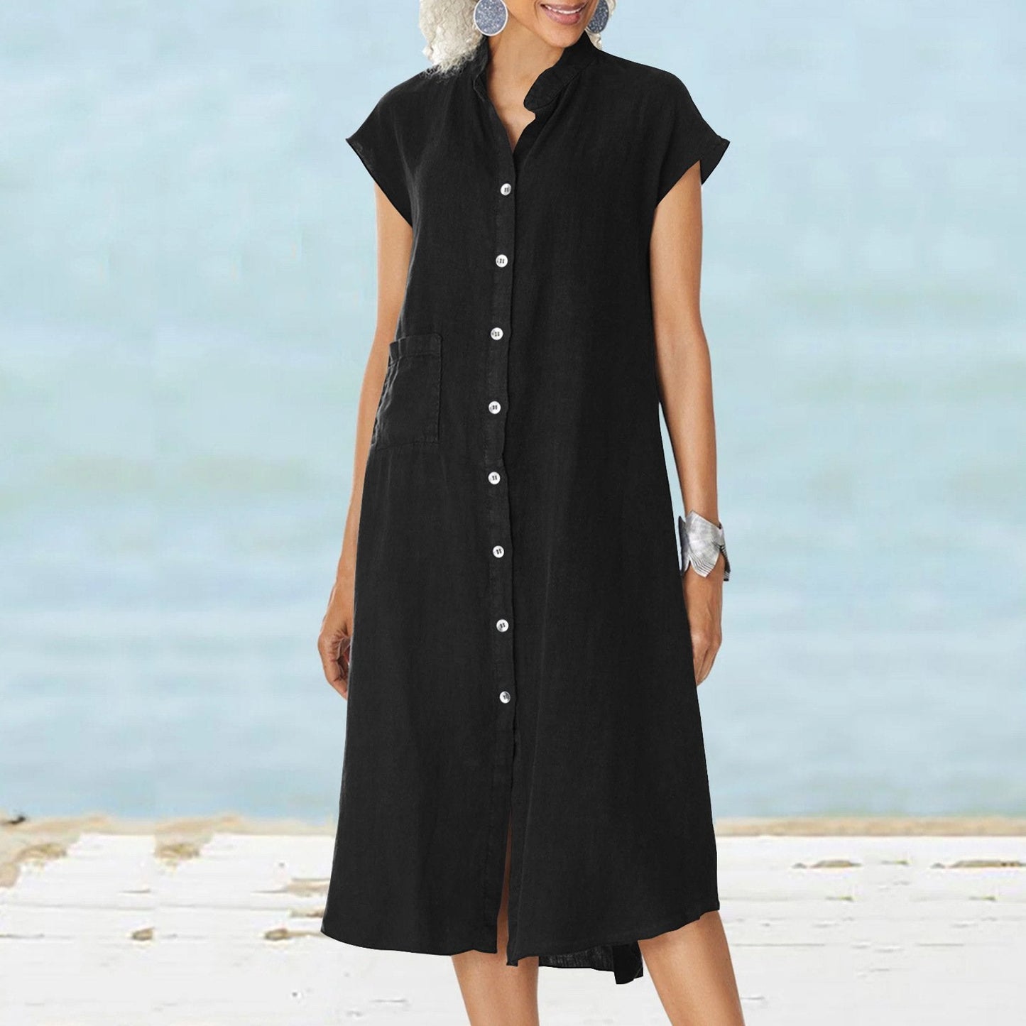 Baumwoll-Leinen-Kleid mit Knopfleiste und Tasche
