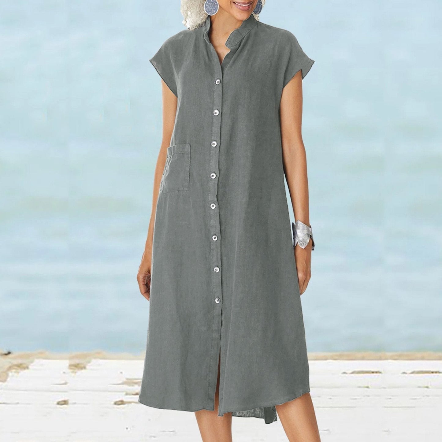 Baumwoll-Leinen-Kleid mit Knopfleiste und Tasche