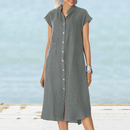 Baumwoll-Leinen-Kleid mit Knopfleiste und Tasche