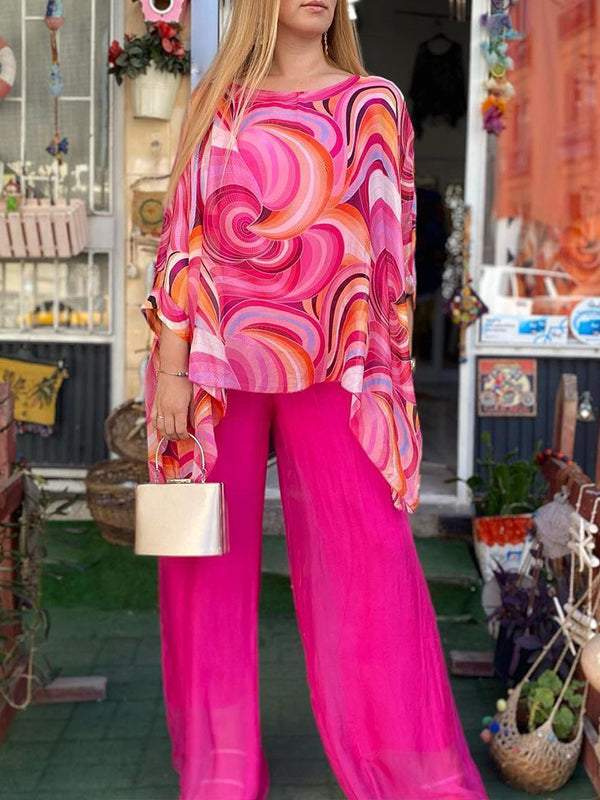 Merche Sommeranzug aus buntem Chiffon mit Rundhalsausschnitt und bedrucktem Muster
