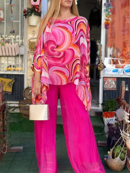 Merche Sommeranzug aus buntem Chiffon mit Rundhalsausschnitt und bedrucktem Muster