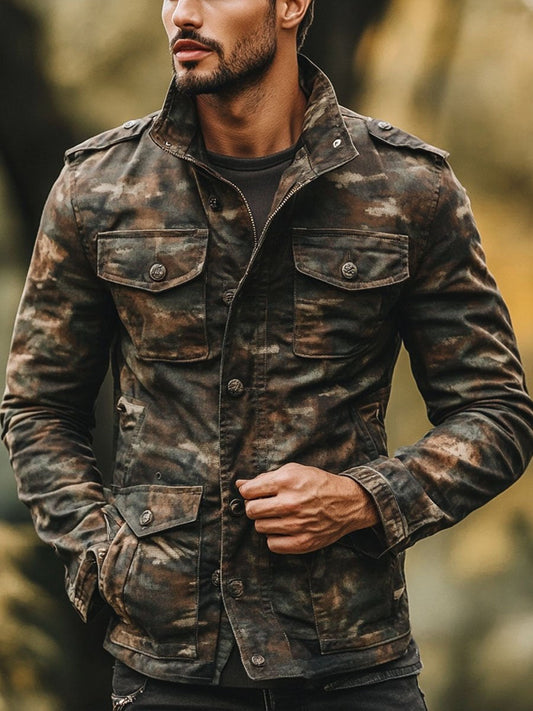WW | Weinlese Camouflage Druck Multi Taschen Reißverschluss Lässig Jacke