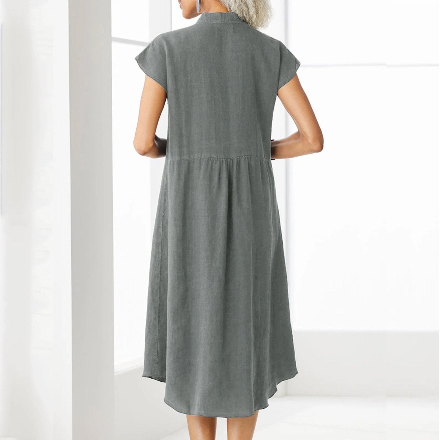 Baumwoll-Leinen-Kleid mit Knopfleiste und Tasche