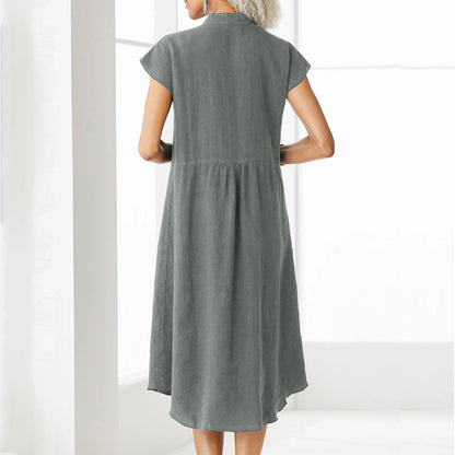 Baumwoll-Leinen-Kleid mit Knopfleiste und Tasche