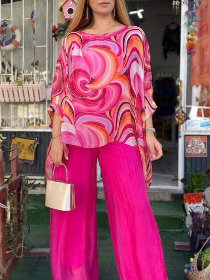 Merche Sommeranzug aus buntem Chiffon mit Rundhalsausschnitt und bedrucktem Muster