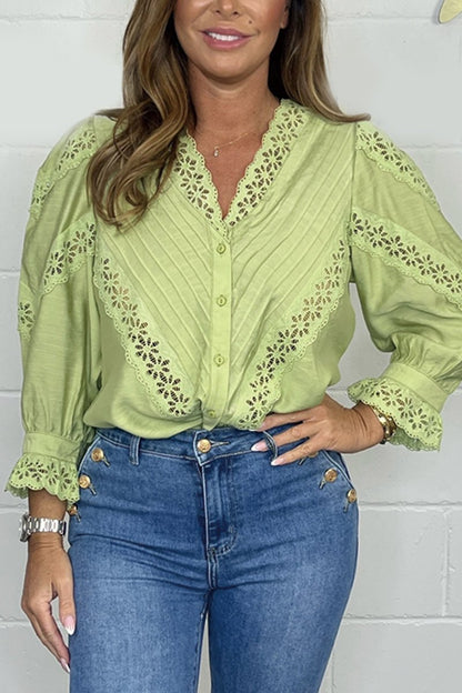 Merche V-Ausschnitt Langarm-Spitze Shirt für Sommer-Mode