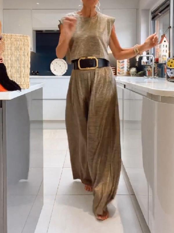 Merche Set für Frauen mit einer lässigen, glänzenden Weste und einer Hose mit weitem Bein für sommerliche Stimmung