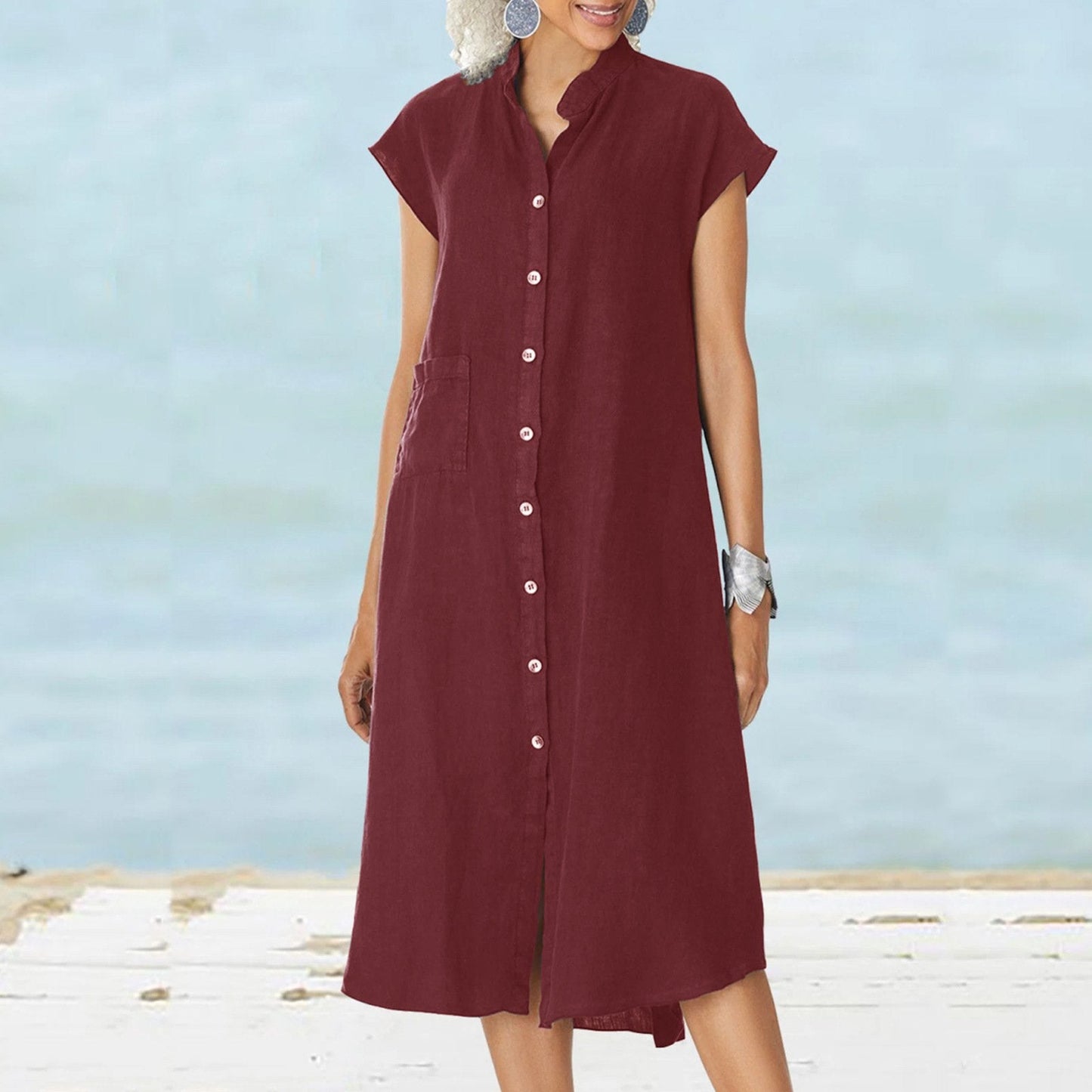 Baumwoll-Leinen-Kleid mit Knopfleiste und Tasche