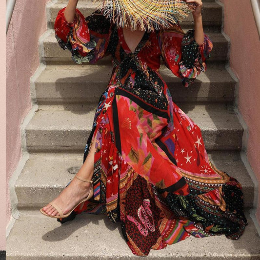 Bohemian Patchwork Schnalle Volant V-Ausschnitt Kleid