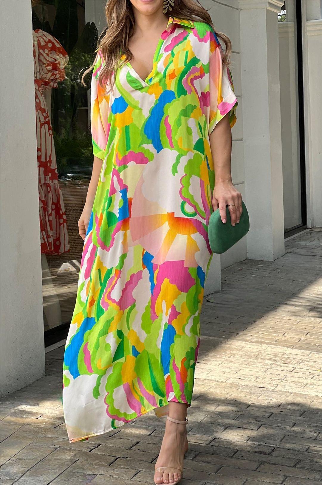 Bunter Druck V-Ausschnitt Lockeres Kleid
