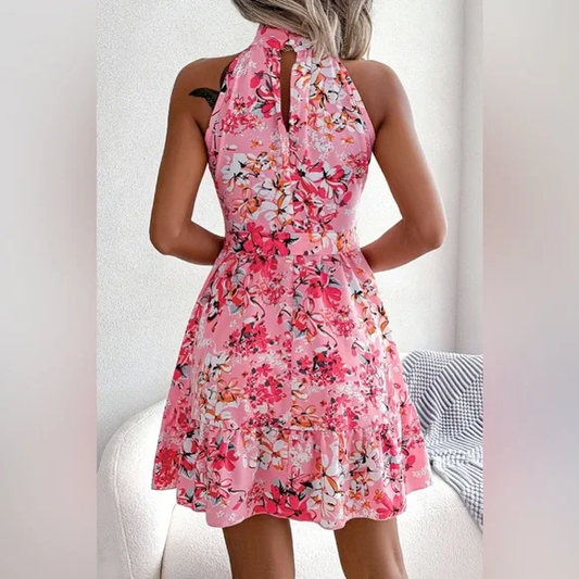 – A-Linien-Kleid mit Blumenmuster, Taillenschnürung und Rüschensaum