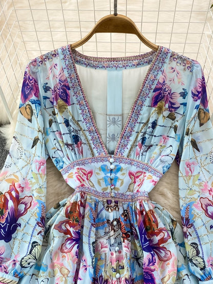 Einreihiges bedrucktes Kleid mit V-Ausschnitt