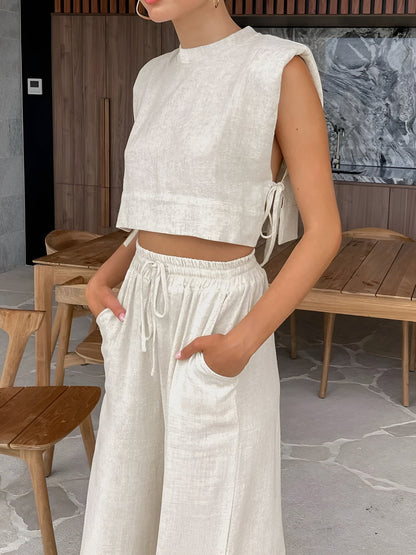 Merche | Elegantes Zweiteiliges Sommer-Leinen-Outfit für Damen (kurzes Oberteil + Hose)