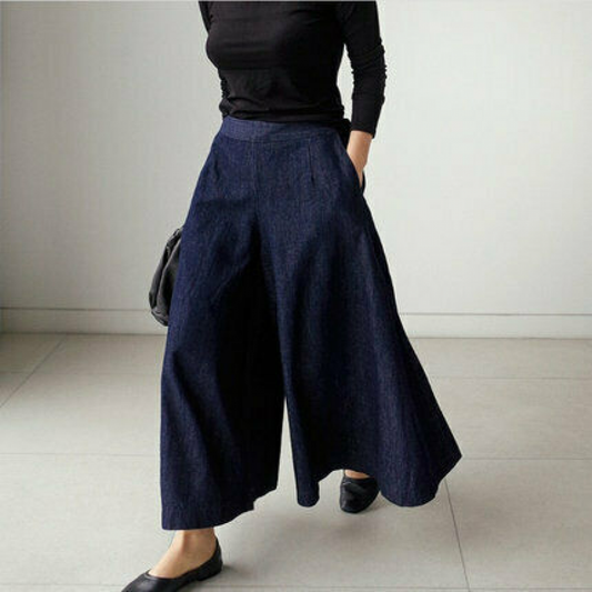 WW | Weit Geschnittene Denim Hose Mit Hoher Taille Lockerer Passform Und Taschen