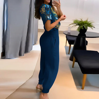 Merche zweiteiliges Set mit einem kurzärmeligen Oberteil mit V-Ausschnitt und einer langen Hose, ideal für Partys