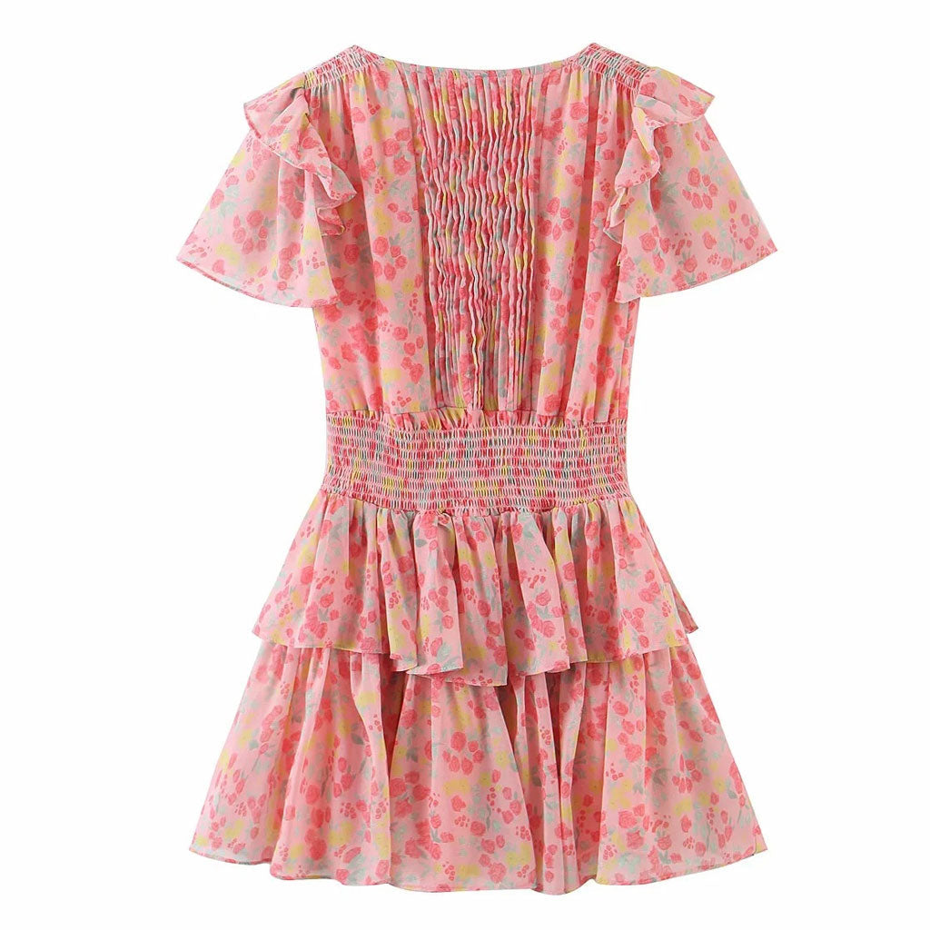 Mini Kleid mit Blumendruck und gestuften Rüschen