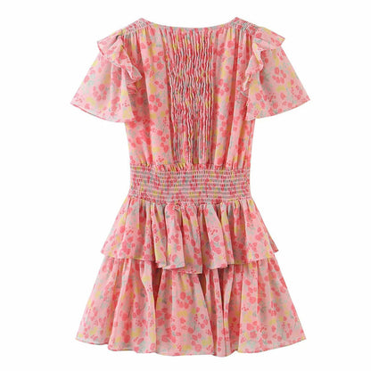 Mini Kleid mit Blumendruck und gestuften Rüschen