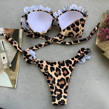 Zweiteiliger Leopardenmuster-Bikini mit Rüschen