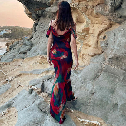 Maxi Kleid mit Vintage-Druck und freien Schultern
