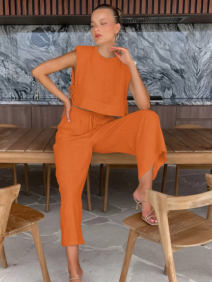 Merche | Elegantes Zwei Teiliges Set Aus Sommerlichem Leinen Für Damen (kurzes Oberteil + Hose)