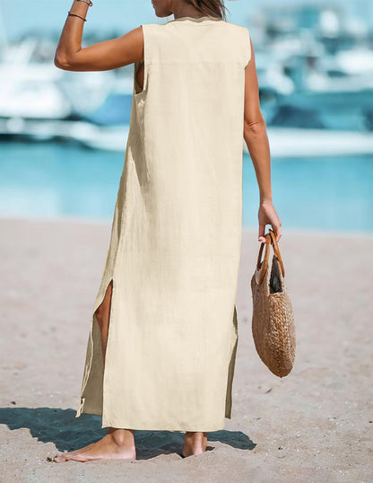 Ärmelloses Leinenkleid – mit Knopfleiste und Seitenschlitz